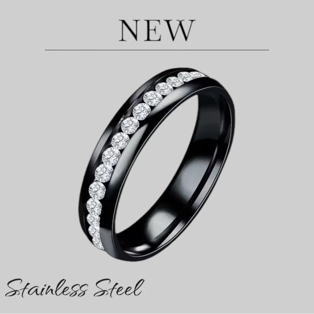 New Stainless Steel Unisex Engagement Ring Black or Gold Band CZ Row Inlay - Picture 2 of 9